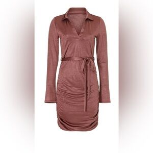 Louna brown long sleeved dress with ruching in women’s size S/Small